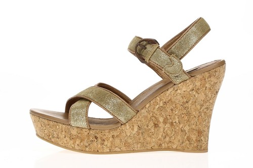 Sandalo donna UGG Australia oro lucido pelle cinturino alla caviglia zeppa alta misura 9 5