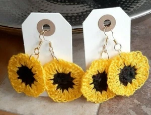SUNFLOWER EARRINGS; Dangly, for Pierced Ears; Crocheted. Gold Plated Hooks - Picture 1 of 3
