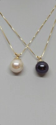14K Yellow Gold 10-11mm WHITE/BLACK Freshwater Pearl Pendant w/18"  Box Chain - Image 1 of 4