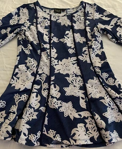 La Vanya Petite Women’s Tunic Flared Top Navy Blue White Floral Appliqué Sz PS - Picture 1 of 11