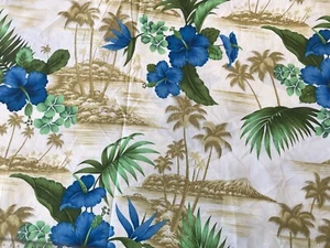 80cm x 110cm Blue Hibiscus Flowers & Green Palm Trees Hawaiian Cotton Fabric - Picture 1 of 2
