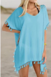 Women Beachwear Sky Blue Bikini Cover Up Swimsuit Dress  Chiffon Tassels NWT - Picture 1 of 16