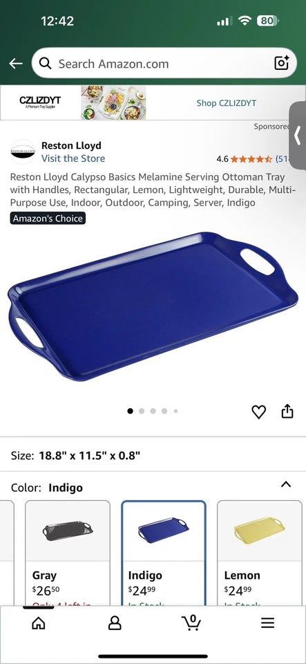 Reston Lloyd Calypso Basics Melamine Serving Ottoman Tray with Handles Brand New - Image 1 of 4