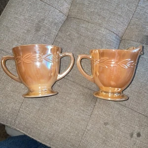 Vintage Fire King Peach Luster Laurel Leaf Design Sugar And Creamer Set w/Labels - Picture 1 of 12