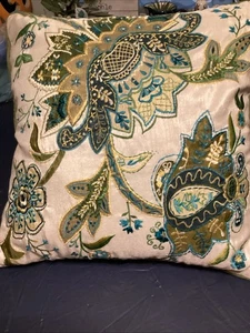 Pier One Floral Throw Pillow Embroidered 16" Square Blue Cream Green - Picture 1 of 3