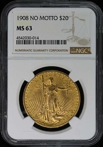1908 NO MOTTO Saint Gaudens $20 NGC MS63 - Picture 1 of 2