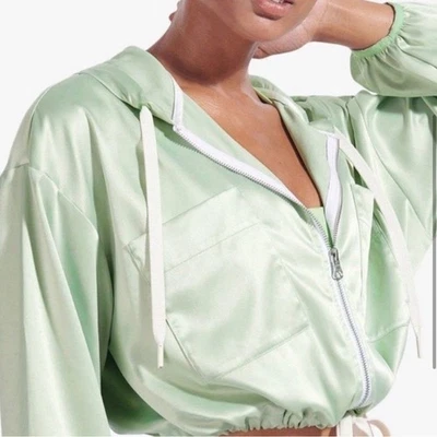 Staud x New Balance Satin Cropped Jacket in Sage Green Size XS Hooded Oversized - Image 1 of 4