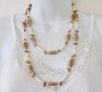 45 inches Long Genuine White & Brown Copper Freshwater Pearl Long Necklace NK598 - Image 1 of 4