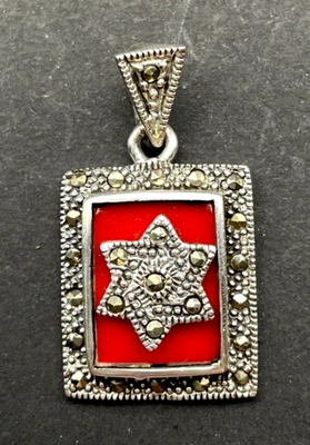 Colgante Estrella de David Judío Marcasita Plata de Ley 925 Sobre Ágata Foto 1 de 4