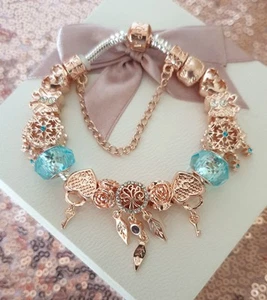 Authentic Pandora Bracelet Rose gold Clasp & Rose Gold Charms + Box. 19 cms - Picture 1 of 14