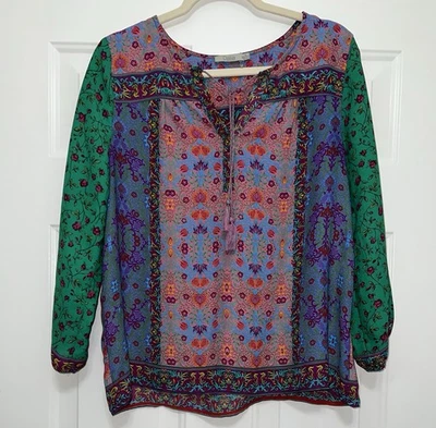 Blusa Dalia Verde Púrpura Floral Boho Fluida Manga Larga Carrera Talla Mediana Campesina Foto 1 de 4