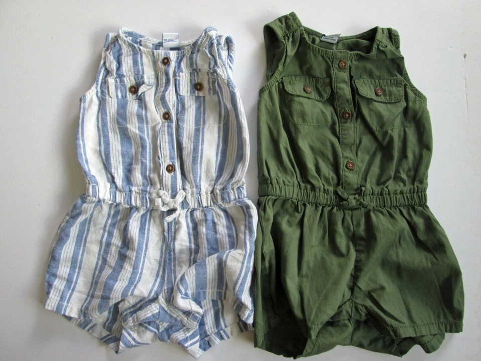 Lot 2 Old Navy Romper Jumpsuit Baby 6-12 Months Cotton Linen Blue Green Shortall - Image 1 of 4