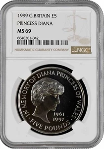 Great Britain 5 pounds 1999, NGC MS69, "Princess Diana Memorial" - Picture 1 of 2