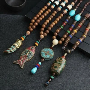 Jewelry Handmade Party Mala Wood Bead Nepal Necklace Horn Fish Pendant Buddhist - Picture 1 of 18