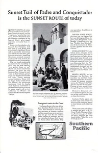 Anuncio impreso vintage 1928 Train Southern Pacific Sunset Trail of Padre Conquistador - Imagen 1 de 2