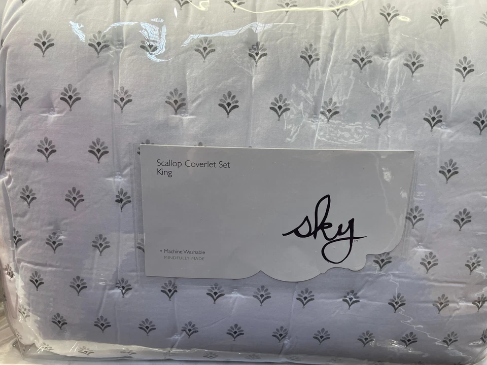 Sky Scallop Reversible KING Quilted Coverlet 4 Shams 5 Psc Set Gray Cotton