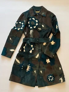 Burberry 100% Calf Suede Trench with Dark Topaz Green and Brown Floral Design - Picture 1 of 17