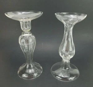 Hand Blown Glass Stem Candle Stick Holders Set of 2 8 1/2" - Picture 1 of 4