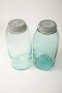 Pair Ball Half Gallon Mason (HSE-8) Light Blue Jars (JSF6) Zinc Lid Glass Lined - Picture 1 of 14