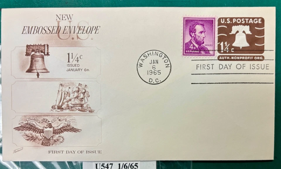 US Stamped Envelope, U547. 1 1/4 C. FDC.  1965 - Image 1 of 1