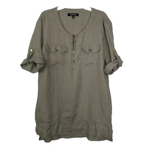 Ellen Tracy Womens Olive Green 100% Linen Tunic Top Size Small Roll Tab Sleeve - Picture 1 of 10