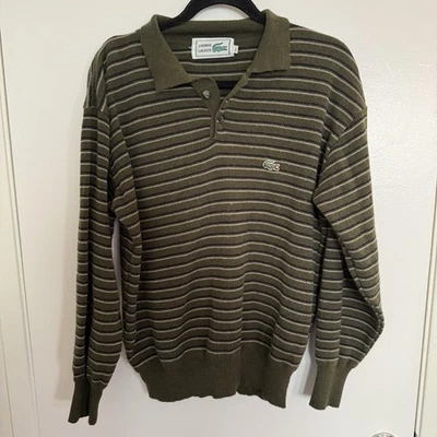 Lacoste Men's Large VTG 80s Collared Pullover Sweater Olive Green Stripes Wool - image 1 of 4