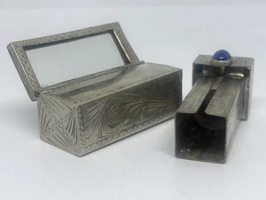 Old Vintage Art Deco Solid .800 Silver Lipstick Tube Holder Mirror Lapis Lazuli - Picture 1 of 17
