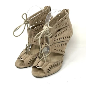 Rue 21 Etc! Size 7 Beige Peep Toe Lace Up Ankle Booties Cutouts Open - Picture 1 of 13