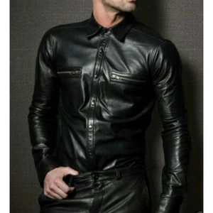Men's Black Shirt Stylish Leather shirt Genuine Lambskin Motorcycle Button - Picture 1 of 3