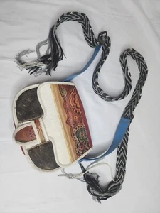 Vintage kolumbianische Carriel Leder Kalbshaar Satteltasche Umhängetasche blau rot verziert - Bild 1 von 16