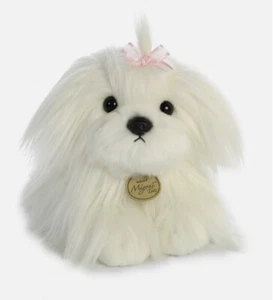 Perro de peluche maltés Aurora Miyoni Tots 11 pulgadas blanco con lazo rosa - Imagen 1 de 10