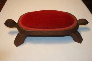 Vtg Hand Crafted Wood Reptile Turtle Small Green Upholstered Ottoman Foot Stool - Picture 1 of 20