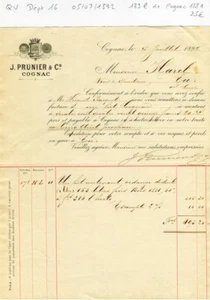 Dépt 16 - Cognac - PRUNIER Facture de 163 l de Cognac 1881 à 60° du 05/07/1892 - Picture 1 of 1