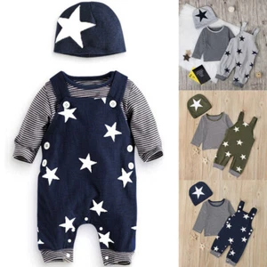 Newborn Baby Boys Clothes Star Tops Straps Pants Jumpsuit Long Sleeve Hat Outfit - Picture 1 of 18