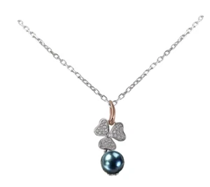 collana argento 925 rodiato e rose' anallergico bluamante fiore e perla nera - Foto 1 di 1