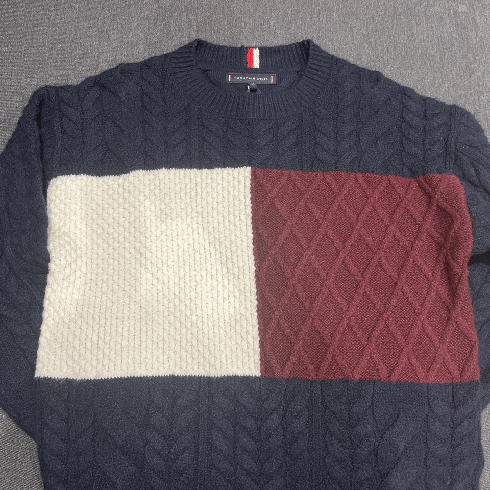 Tommy Hilfiger Kids boys colour block cable sweater jumper navy blue red white 8 - Image 1 of 4