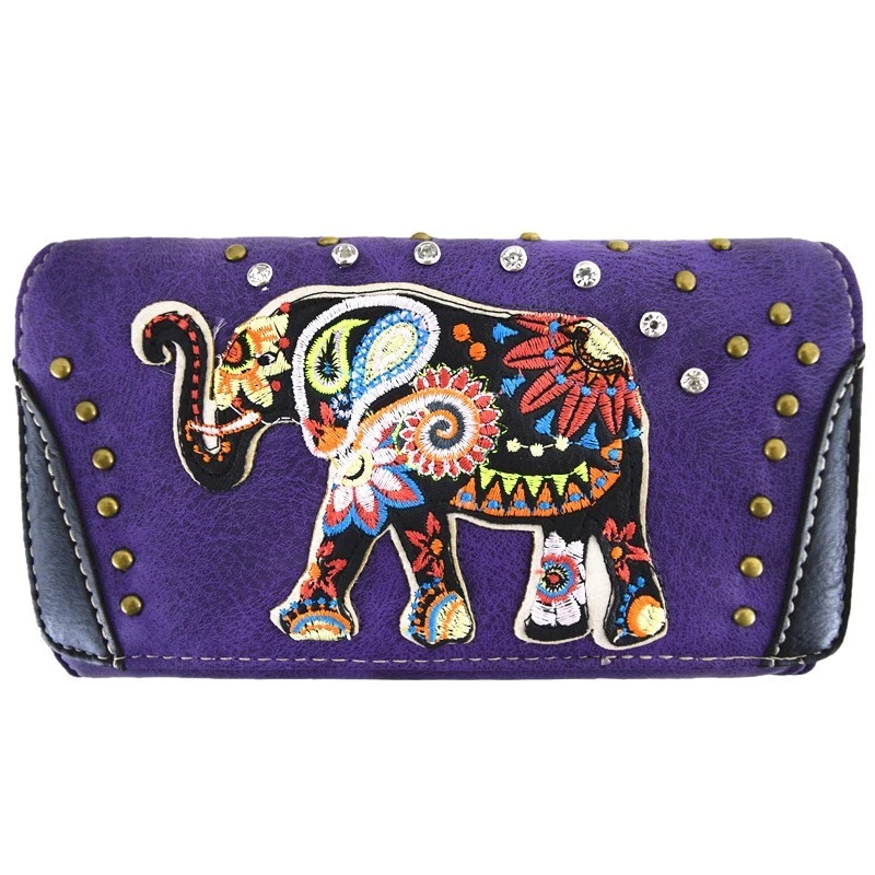 Вышитый слон кожаный через плечо бумажник женщин кошелек с ремешком тройного сложения застежки - Изображение 1 из 1