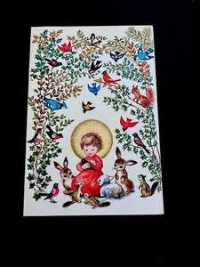 1 Vintage Erica von Kager Brownie Weihnachtsgrußkarte Christus mit Vogel & pelzigen Freunden - Bild 1 von 3