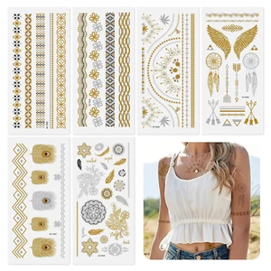 Temporäre Tattoos Gold, 6 Blätter Flash Festival Tattoos Wasserdicht Tattoos Met - Bild 1 von 7