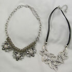 Lot 2 Necklaces Silver Leaves & Flowers Gray & Clear Rhinestones Leather Strip