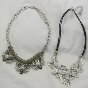 lot 2 necklaces silver leaves & flowers gray & clear rhinestones leather strip - Picture 1 of 10