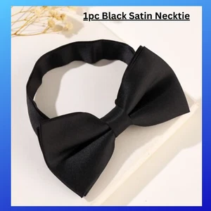 Black Bow Tie Adjustable Satin Wedding Party Event Dickie Bow Plain Mens Necktie - Picture 1 of 3
