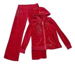 y2k Vintage BCBG Max Azria Red Velour Rhinestone Logo Tracksuit Set L Bedazzled - Picture 1 of 10