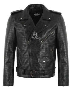 Chaqueta de Cuero Para Hombre RANDO Calce Ajustado Negra Estampado de Cocodrilo Motociclista Corredor Moda Chaqueta - Imagen 1 de 4