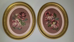 Vintage Pink Needlepoint Floral Framed Pieces, Pictures, Two - Picture 1 of 6