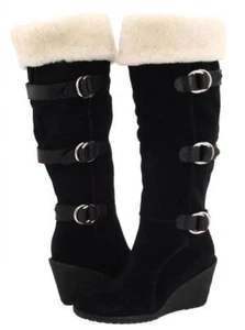 COLE HAAN AIR Michelle Tall Shearling Black Wedge Heel Boots NEW Womens Sz 6 - Picture 1 of 11