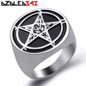 Men's Baphomet GOAT PENTAGRAM Devil Demon Satanic Silver Stainless Steel Ring  - Picture 1 of 5