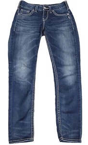 Pantalones de mezclilla plateados para mujer Suki súper elásticos azules lavado oscuro tiro medio ajustados 30 - Imagen 1 de 14