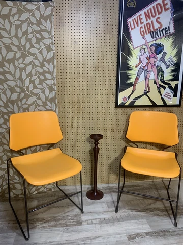 2 Vtg Krueger Stacking Side Chair - Mid Century Modern Orange Black Steel Frame Cover