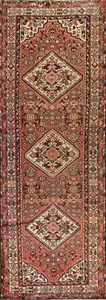 Vintage Red Geometric Hamedan Runner Rug 4x10 Wool Hand-knotted Tribal Carpet - Picture 1 of 20